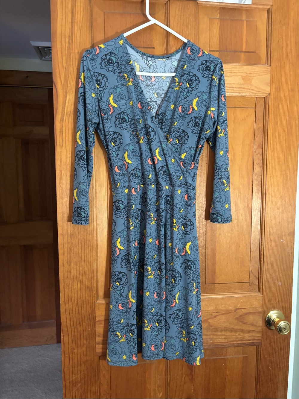 Leota Gray Floral Wrap Dress with Yellow & Coral Accents